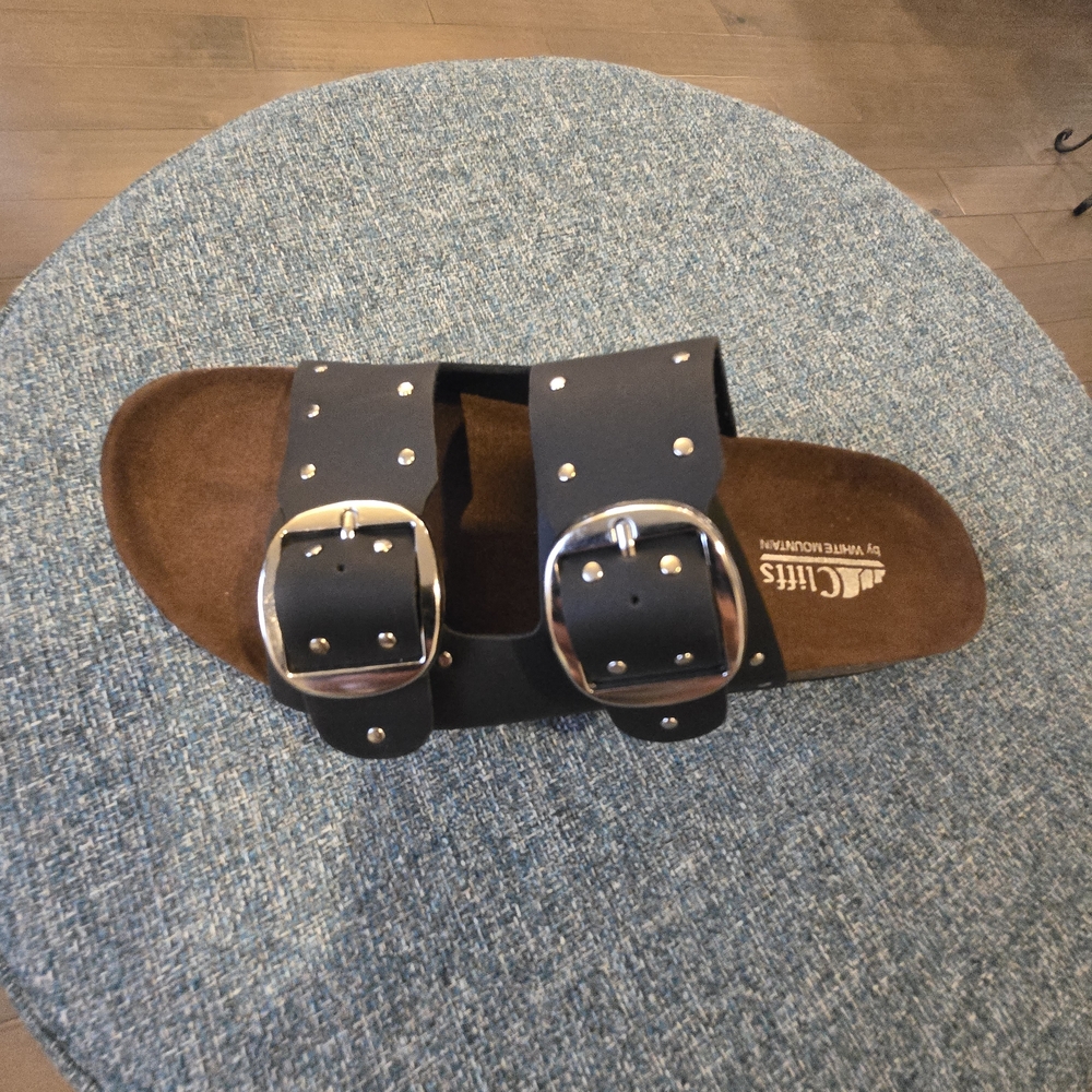 Cliffs by White Mountain, Black Double Buckle Studded Slide Sandals - Picture 3 of 8
